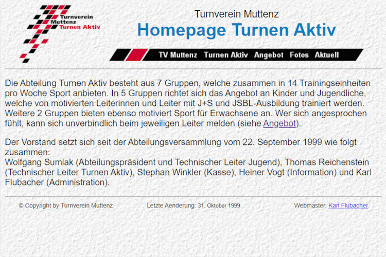 Die erste Webseite des Turnen Aktiv 1999
